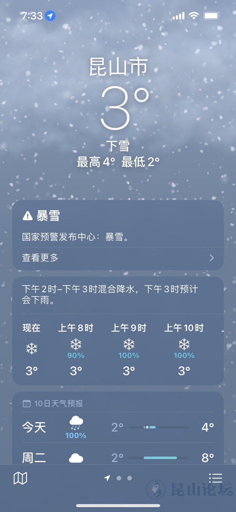 2月7日天气预报今天昆山最高气温3度终于下雪啦